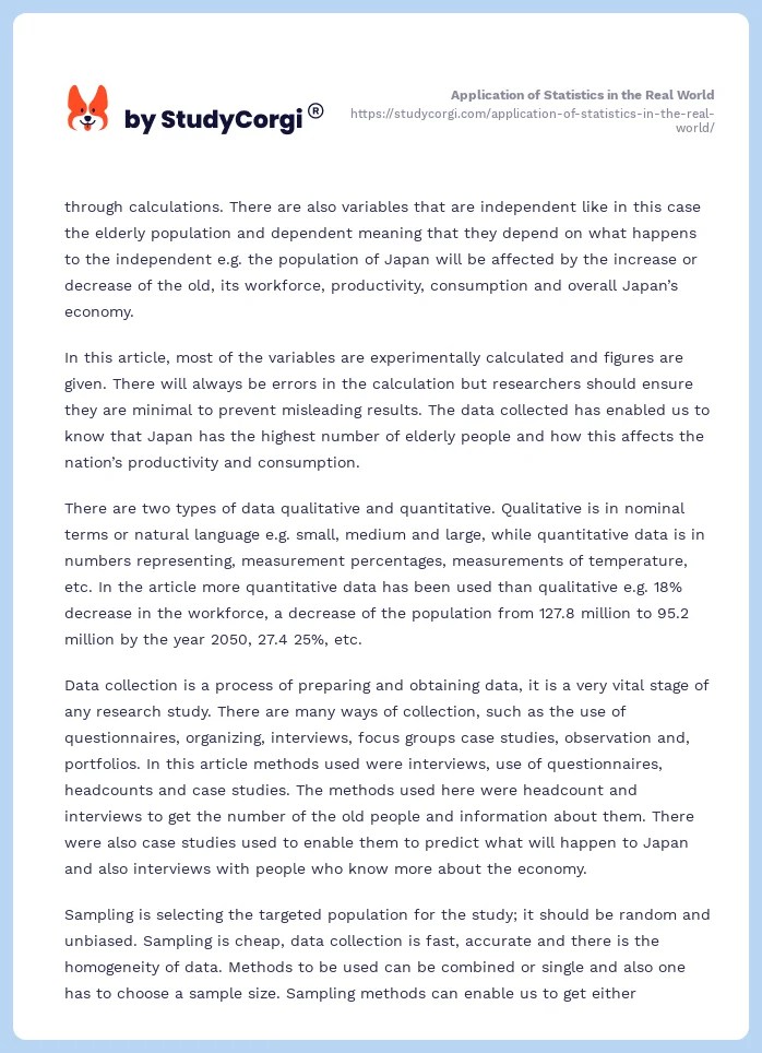Application of Statistics in the Real World Free Essay Example