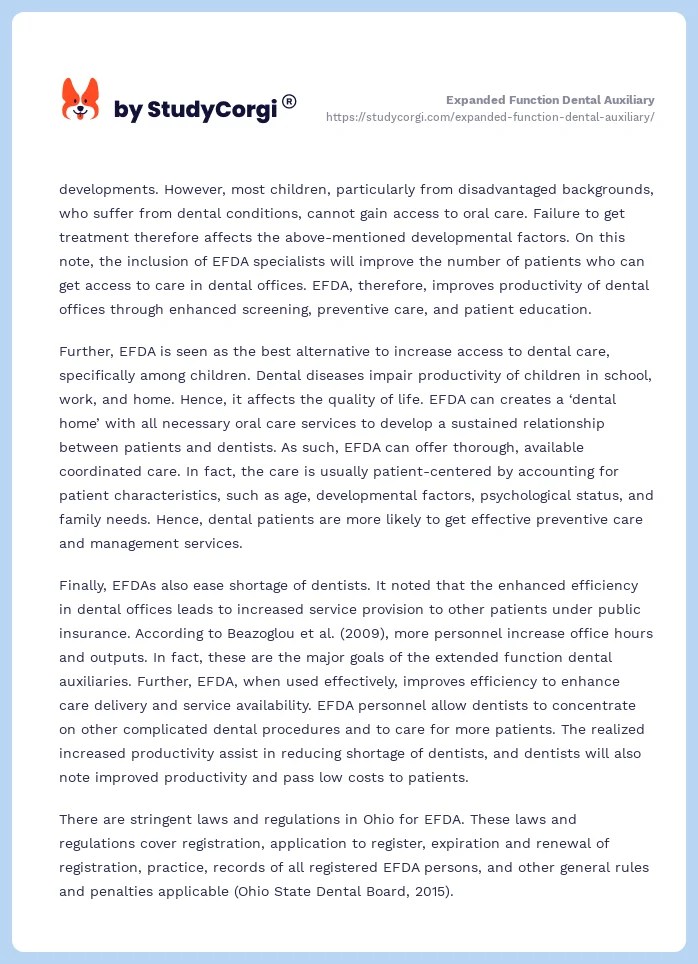 Expanded Function Dental Auxiliary Free Essay Example