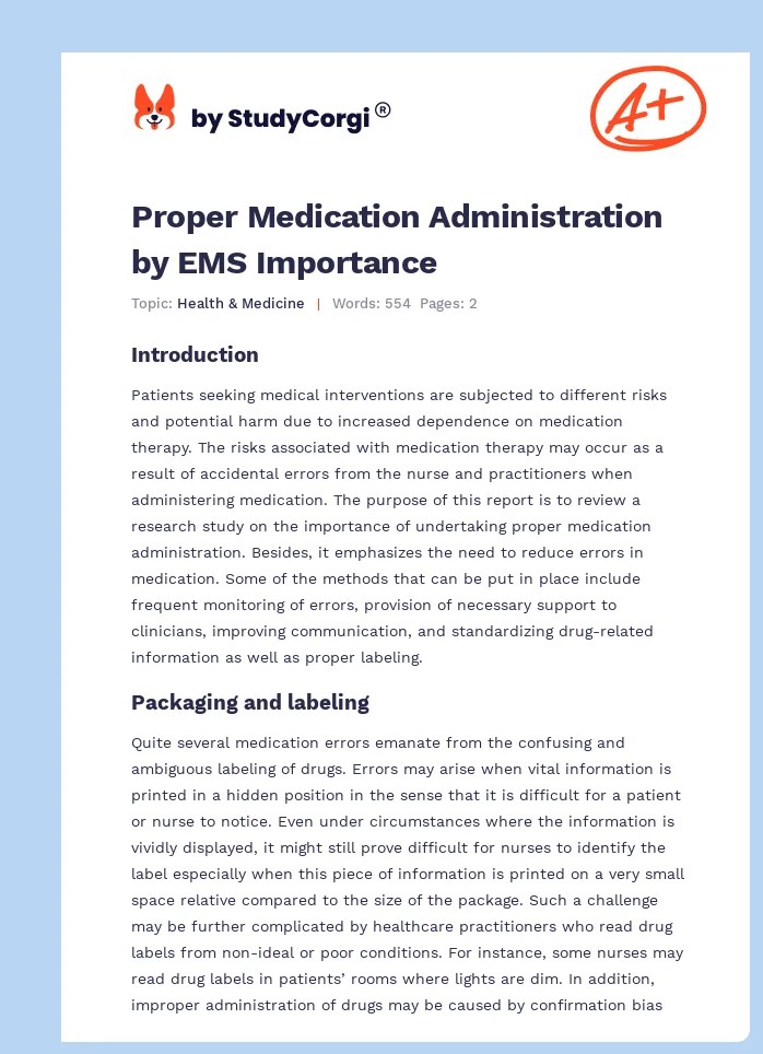 Proper Medication Administration by EMS Importance Free Essay Example