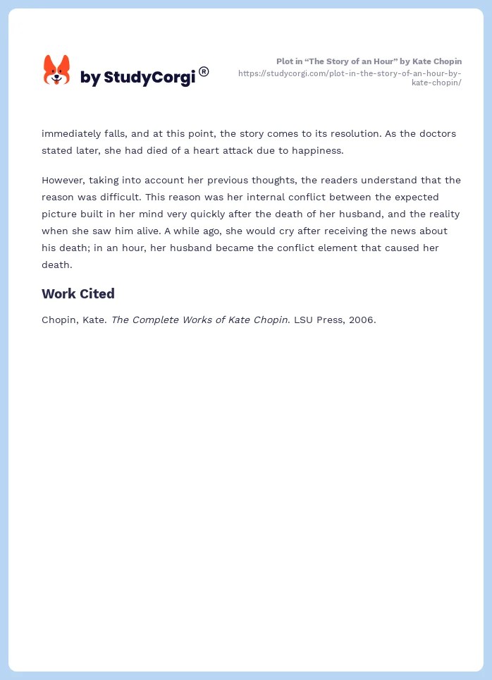 Plot in "The Story of an Hour" by Kate Chopin Free Essay Example