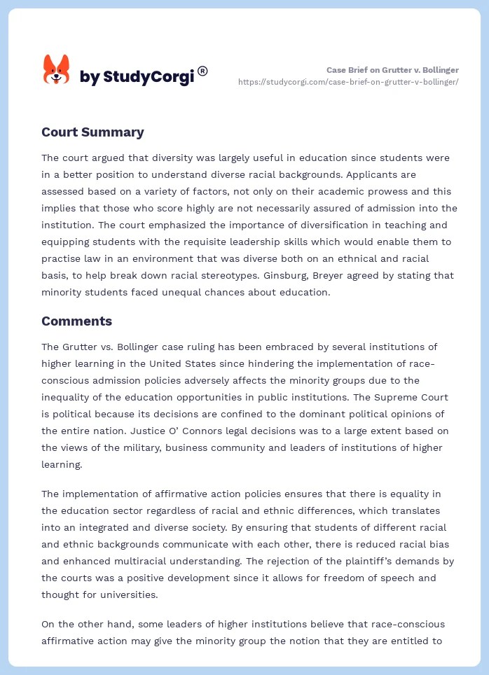 Case Brief on Grutter v. Bollinger Free Essay Example