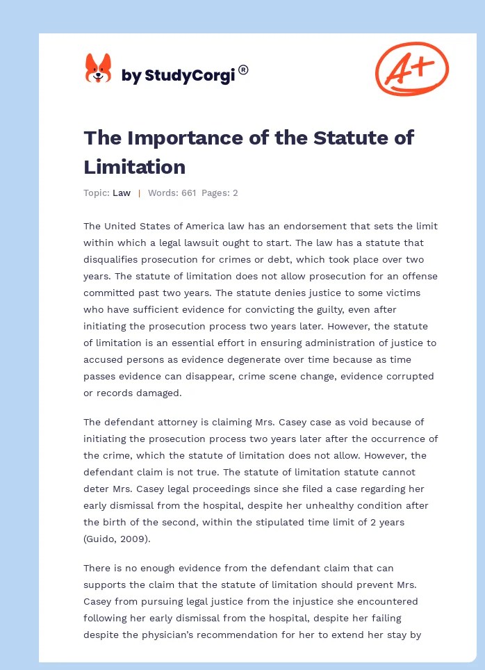 The Importance of the Statute of Limitation Free Essay Example