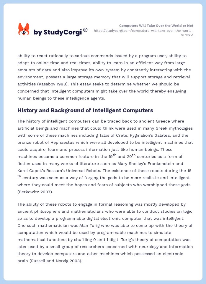 Computers Will Take Over the World or Not Free Essay Example