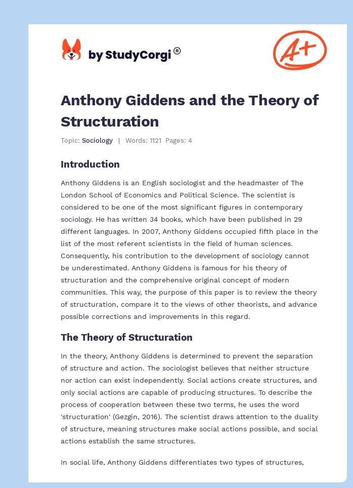 Anthony Giddens and the Theory of Structuration Free Essay Example