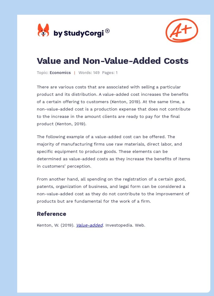 Value and NonValueAdded Costs Free Essay Example