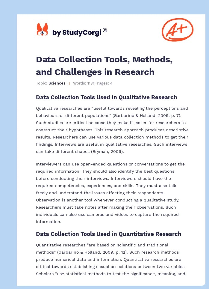 Data Collection Tools, Methods, and Challenges in Research Free Essay