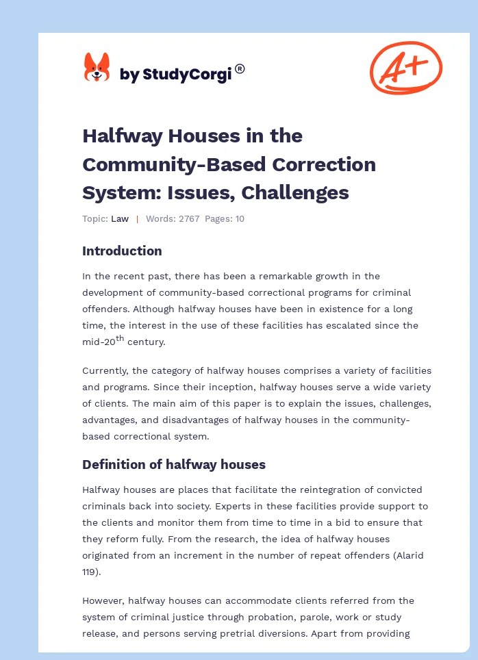 Halfway Houses in the CommunityBased Correction System Issues