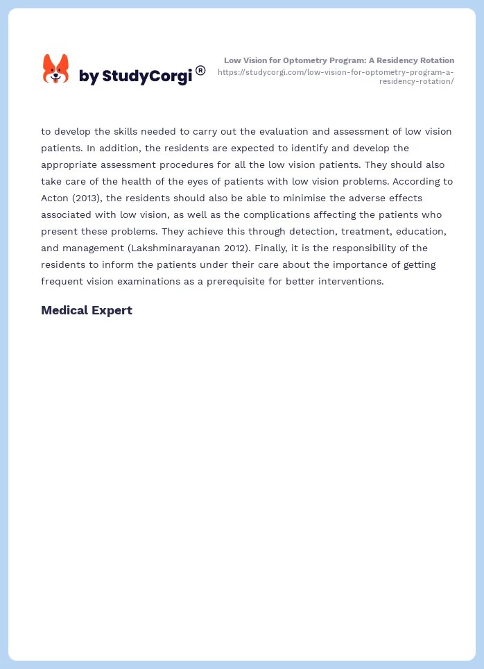 Low Vision for Optometry Program A Residency Rotation Free Essay Example