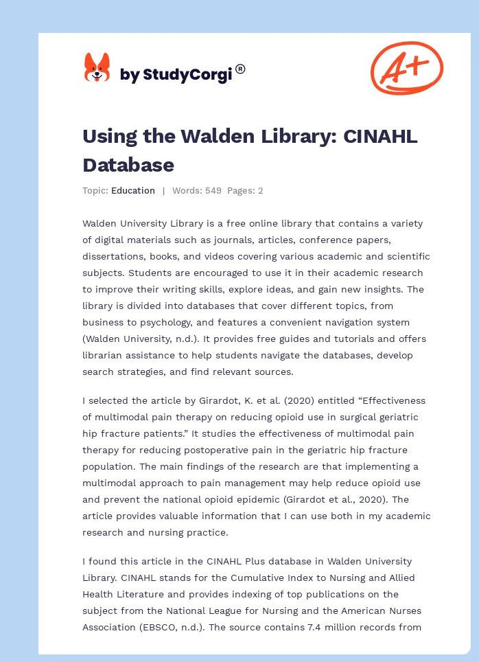 Using the Walden Library CINAHL Database Free Essay Example