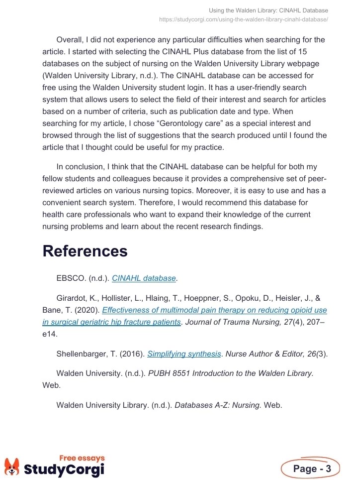 Using the Walden Library CINAHL Database Free Essay Example