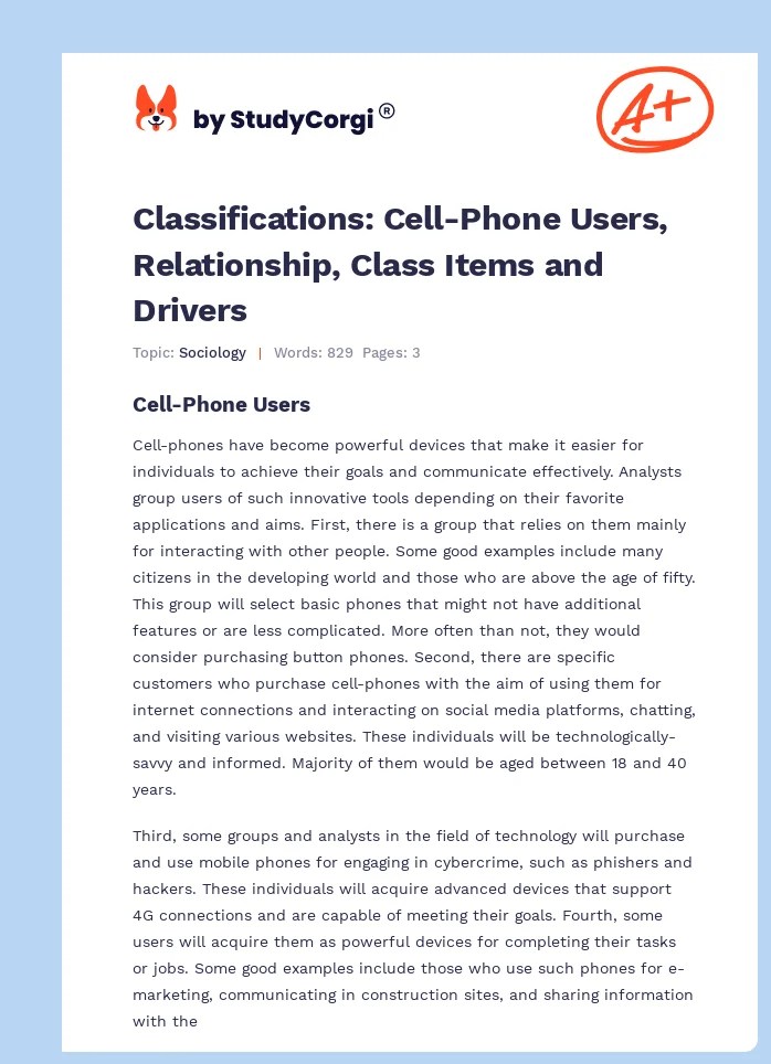 Classifications CellPhone Users, Relationship, Class Items and