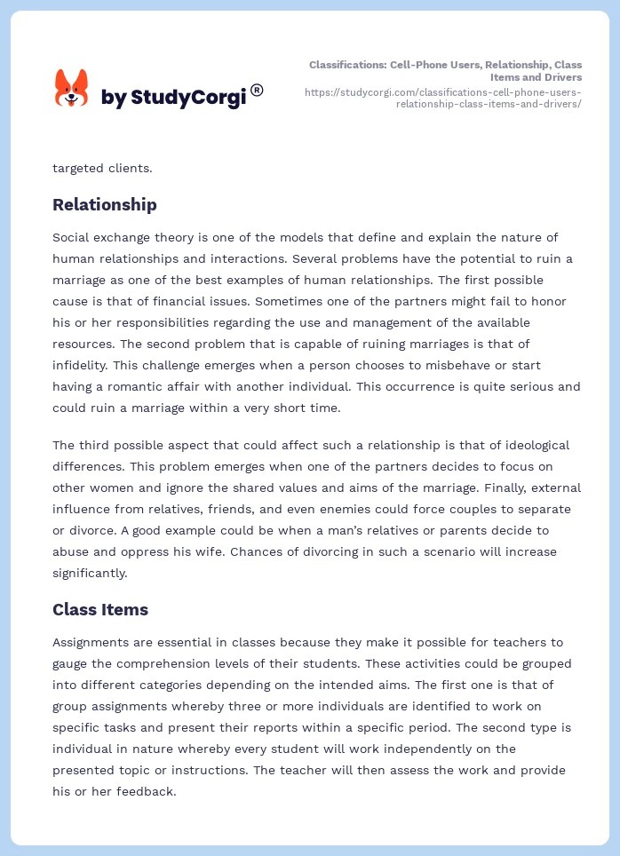 Classifications CellPhone Users, Relationship, Class Items and