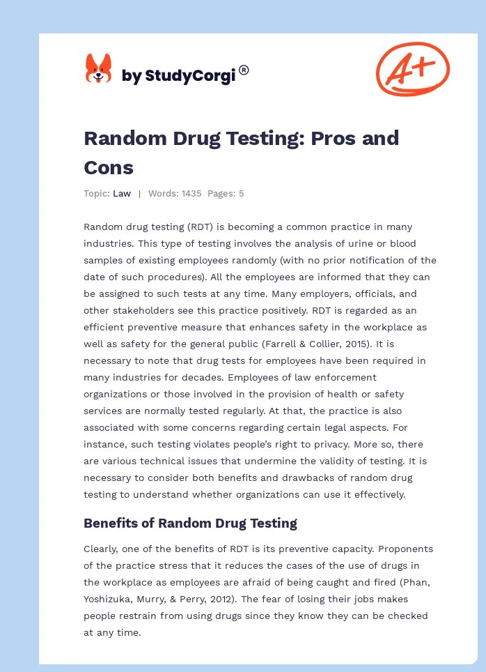 The Concept of Random Drug Testing Free Essay Example