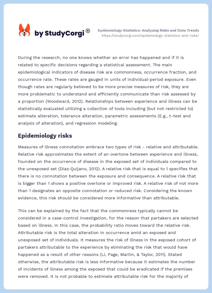 Epidemiology Statistics and Risks Free Essay Example