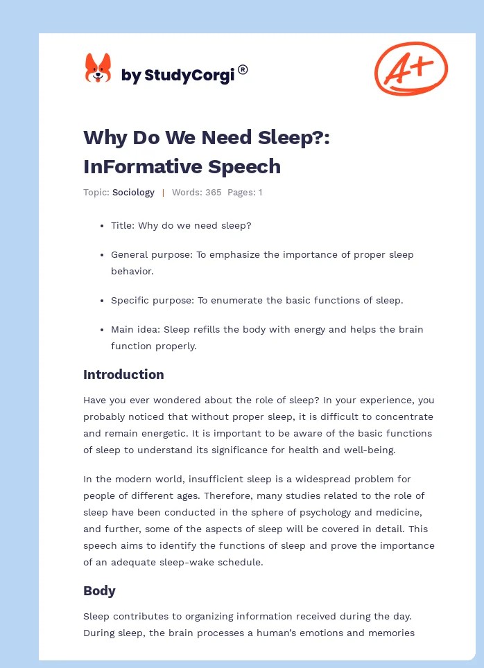 Why Do We Need Sleep? InFormative Speech Free Essay Example