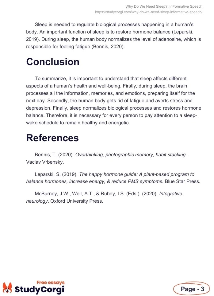 Why Do We Need Sleep? InFormative Speech Free Essay Example