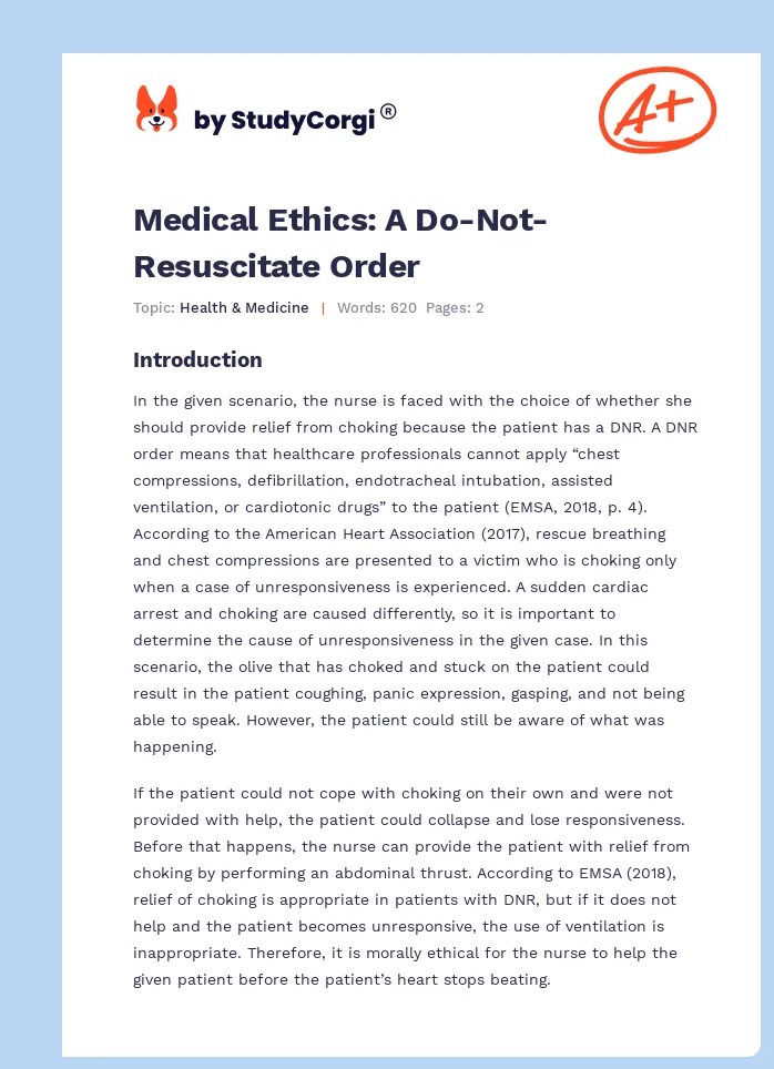 Medical Ethics A DoNotResuscitate Order Free Essay Example