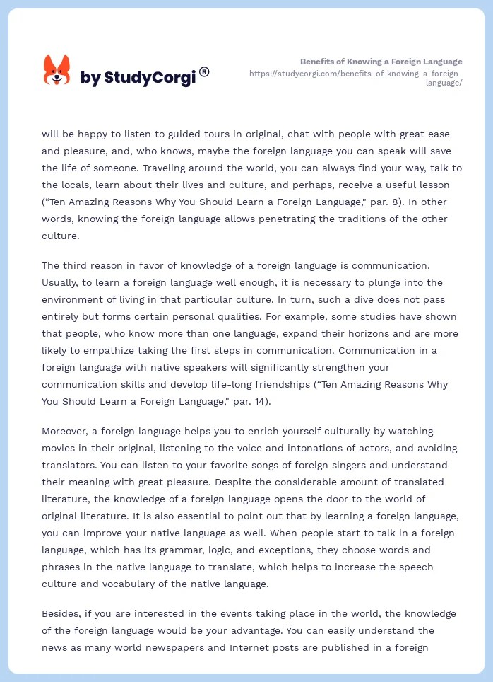 Benefits of Learning a Foreign Language Essay Example for Free