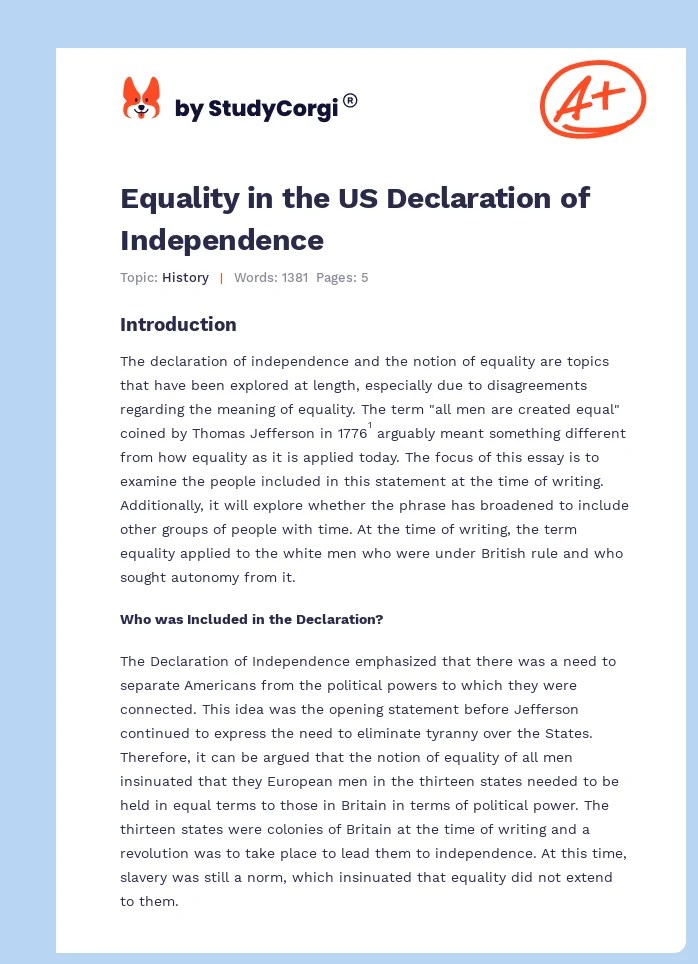 Equality in the US Declaration of Independence Free Essay Example