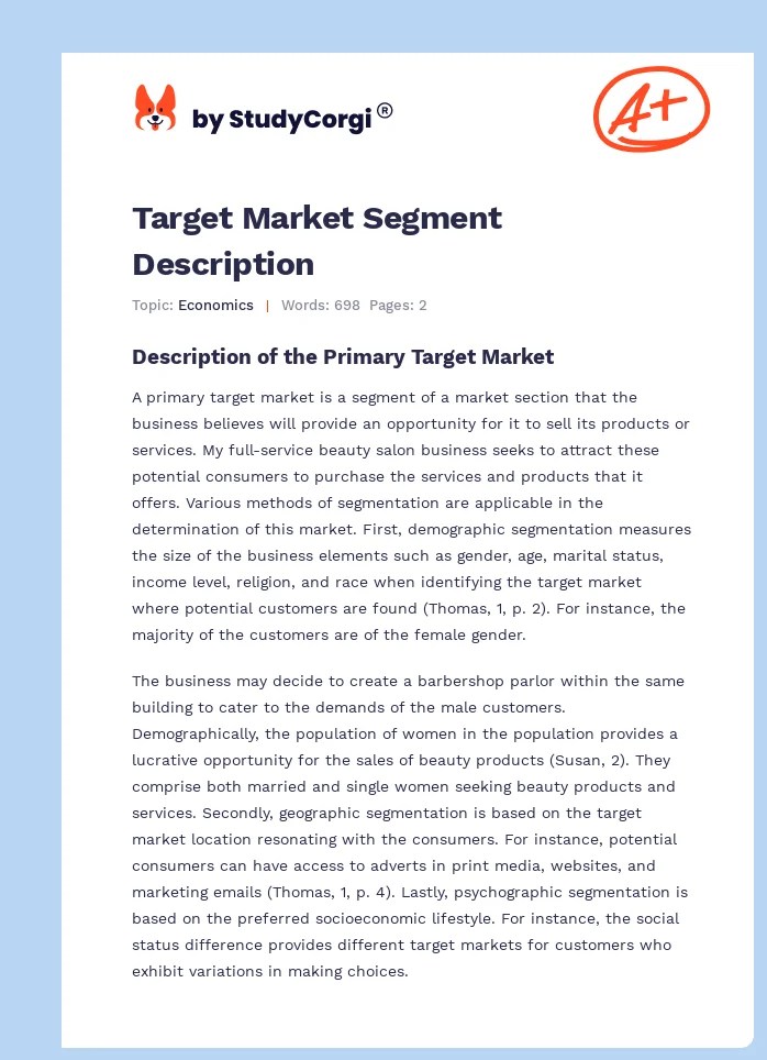 Target Market Segment Description Free Essay Example