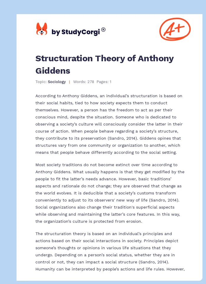 Structuration Theory of Anthony Giddens Free Essay Example