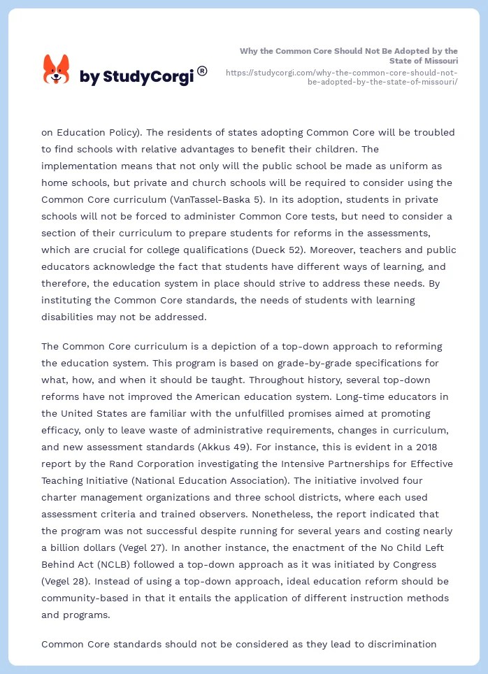 Why the Common Core Should Not Be Adopted by the State of Missouri