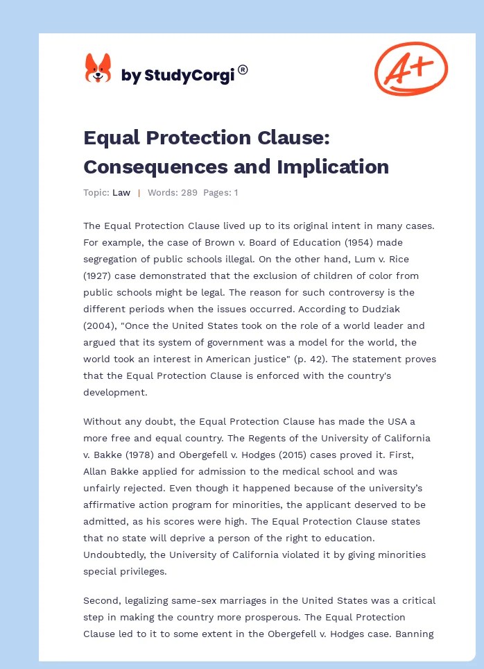 Equal Protection Clause Consequences and Implication Free Essay Example