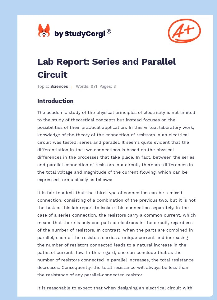 Lab Report Series and Parallel Circuit Free Essay Example
