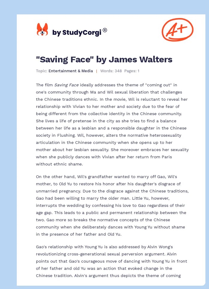"Saving Face" by James Walters Free Essay Example