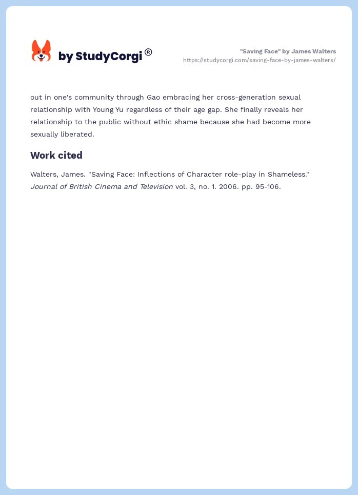 "Saving Face" by James Walters Free Essay Example