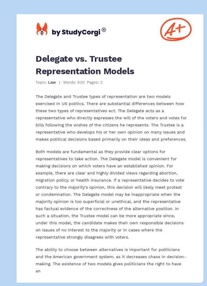 Delegate vs. Trustee Representation Models Free Essay Example