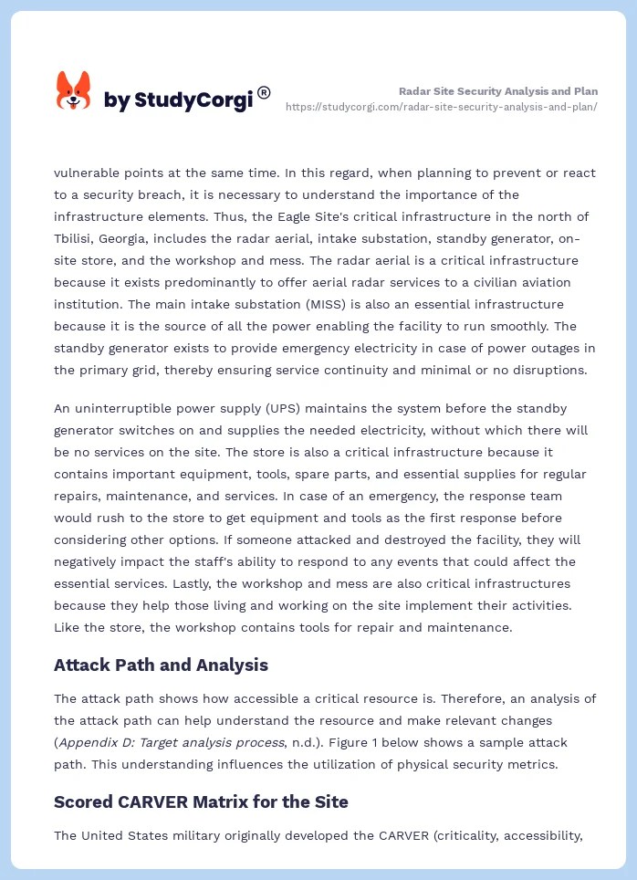 Radar Site Security Analysis and Plan Free Essay Example