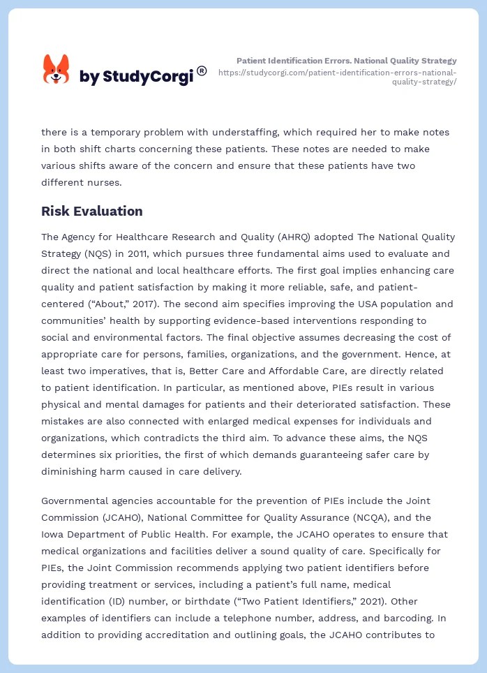 Patient Identification Errors. National Quality Strategy Free Essay