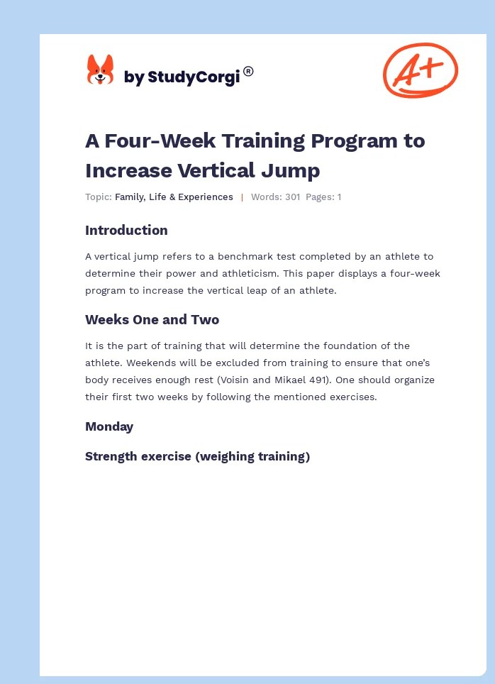 A FourWeek Training Program to Increase Vertical Jump Free Essay Example