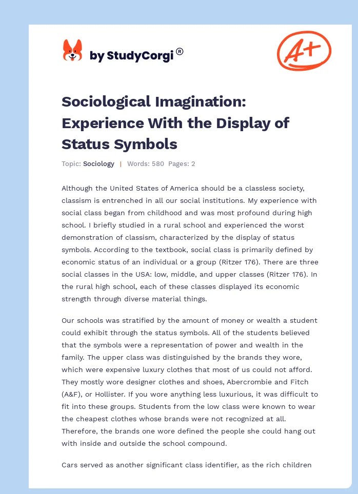 Sociological Imagination Experience With the Display of Status Symbols
