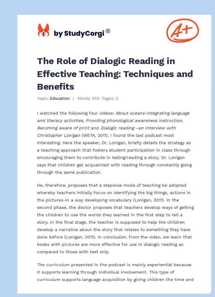 Dialogic Reading as a Teaching Approach Free Essay Example
