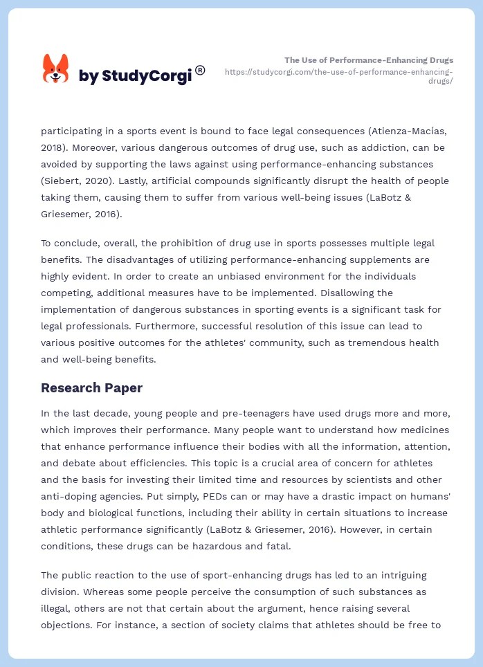 The Use of PerformanceEnhancing Drugs Free Essay Example