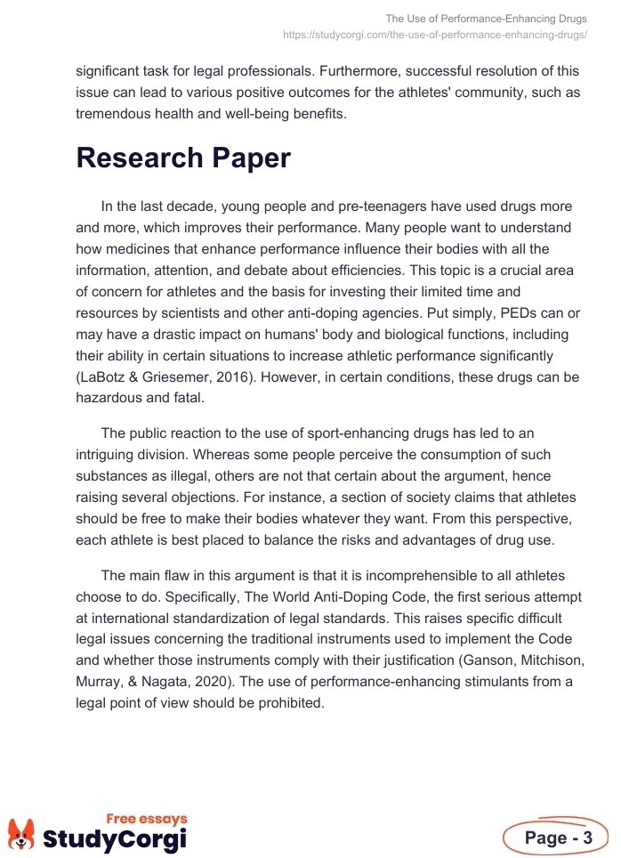 The Use of PerformanceEnhancing Drugs Free Essay Example