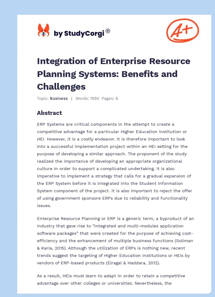 Enterprise Resource Planning System Integration Free Essay Example