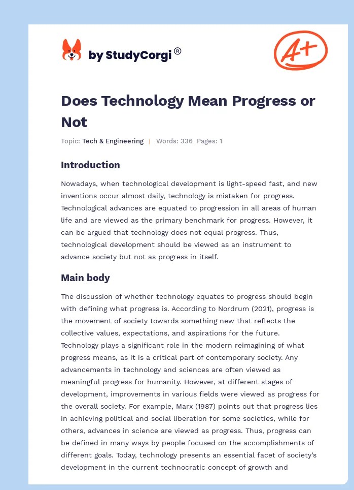 Does Technology Mean Progress or Not Free Essay Example
