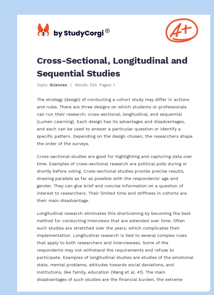 CrossSectional, Longitudinal and Sequential Studies Free Essay Example