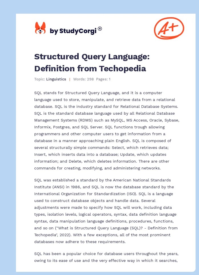 Structured Query Language Definition from Techopedia Free Essay Example