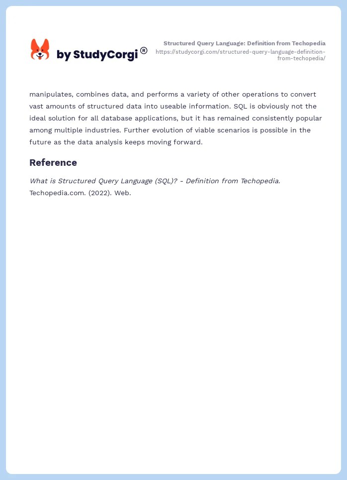 Structured Query Language Definition from Techopedia Free Essay Example