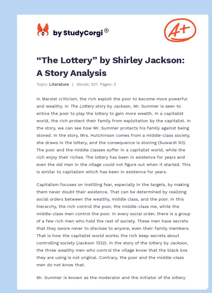 "The Lottery" by Shirley Jackson A Story Analysis Free Essay Example