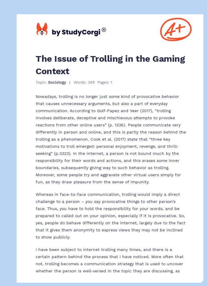 The Issue of Trolling in the Gaming Context Free Essay Example