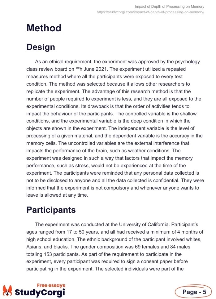 Impact of Depth of Processing on Memory Free Essay Example