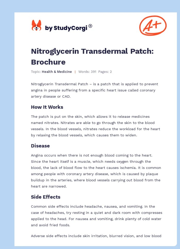 Nitroglycerin Transdermal Patch Brochure Free Essay Example