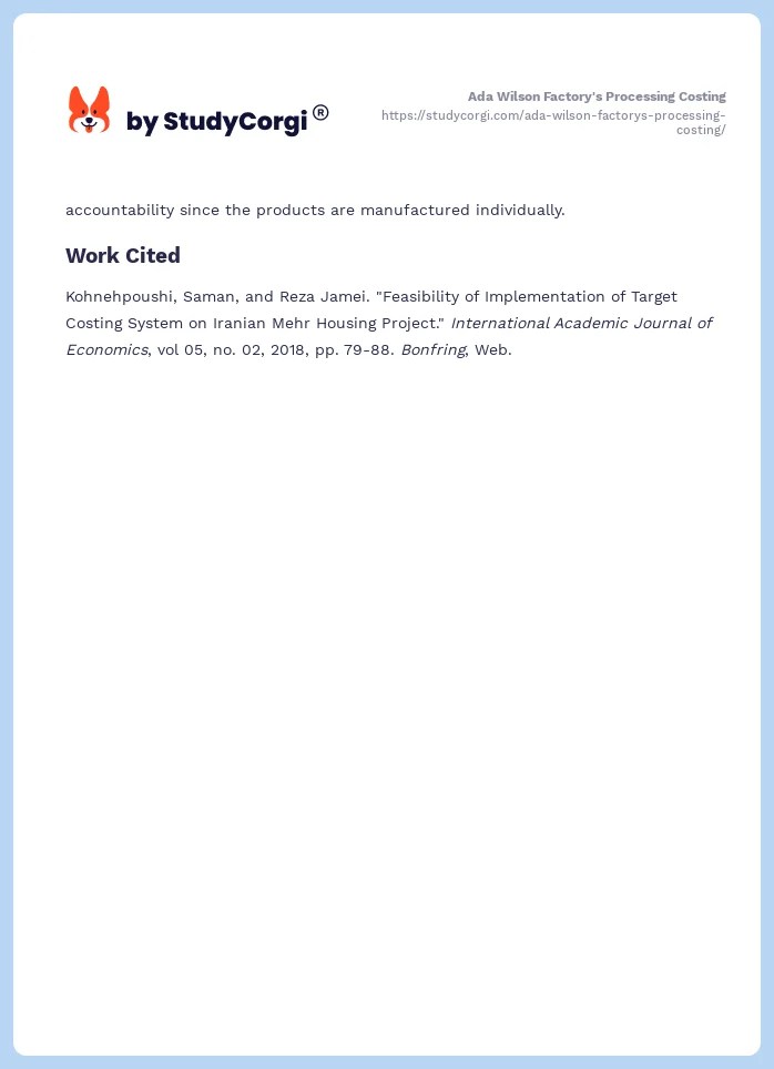 Ada Wilson Factory's Processing Costing Free Essay Example