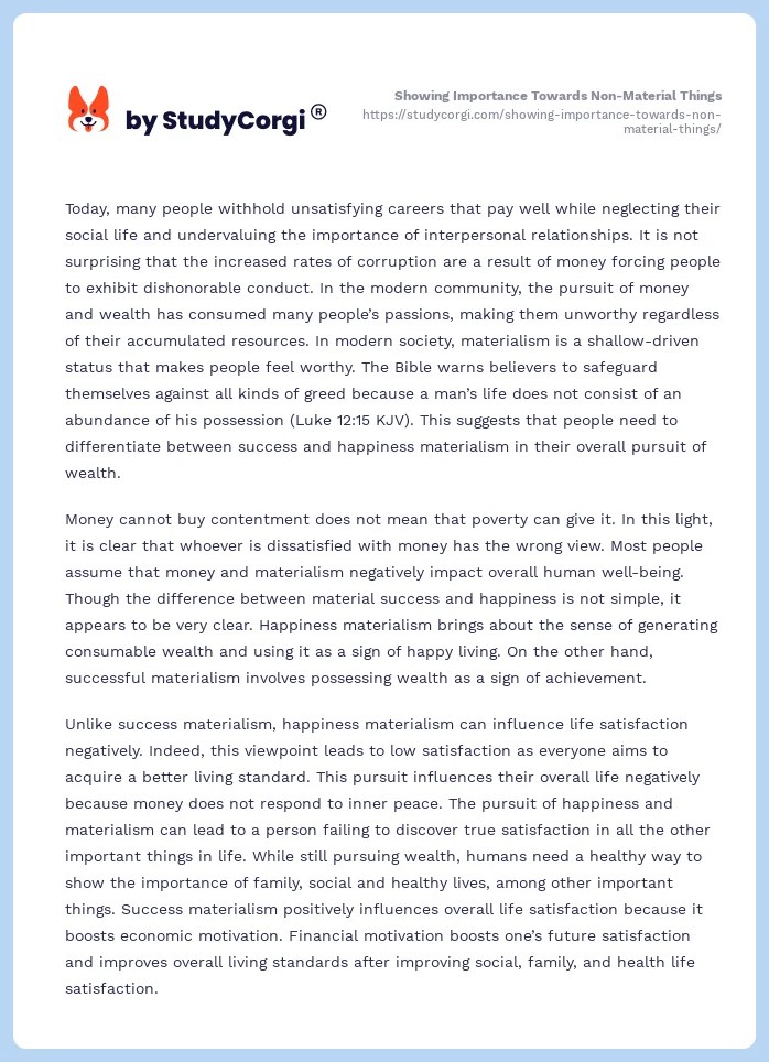 Showing Importance Towards NonMaterial Things Free Essay Example