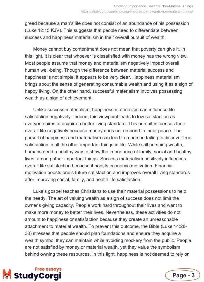 Showing Importance Towards NonMaterial Things Free Essay Example